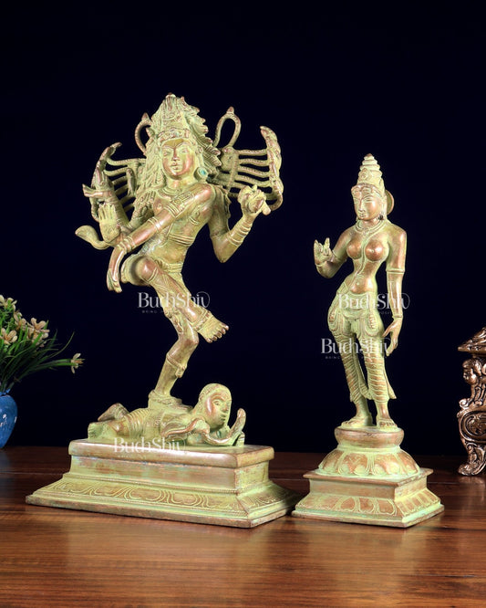 Vintage Brass Dancing Shiva Nataraja with Sivagami Parvati Idol – Green Sand Patina Finish 14 inch - Budhshiv.com