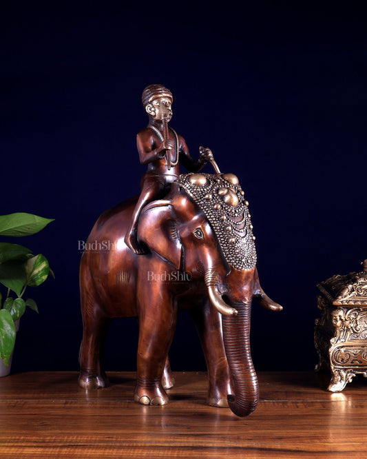 Vintage Brass Elephant Rider Statue – Vastu Approved Traditional Showpiece 16.5 inch - Budhshiv.com