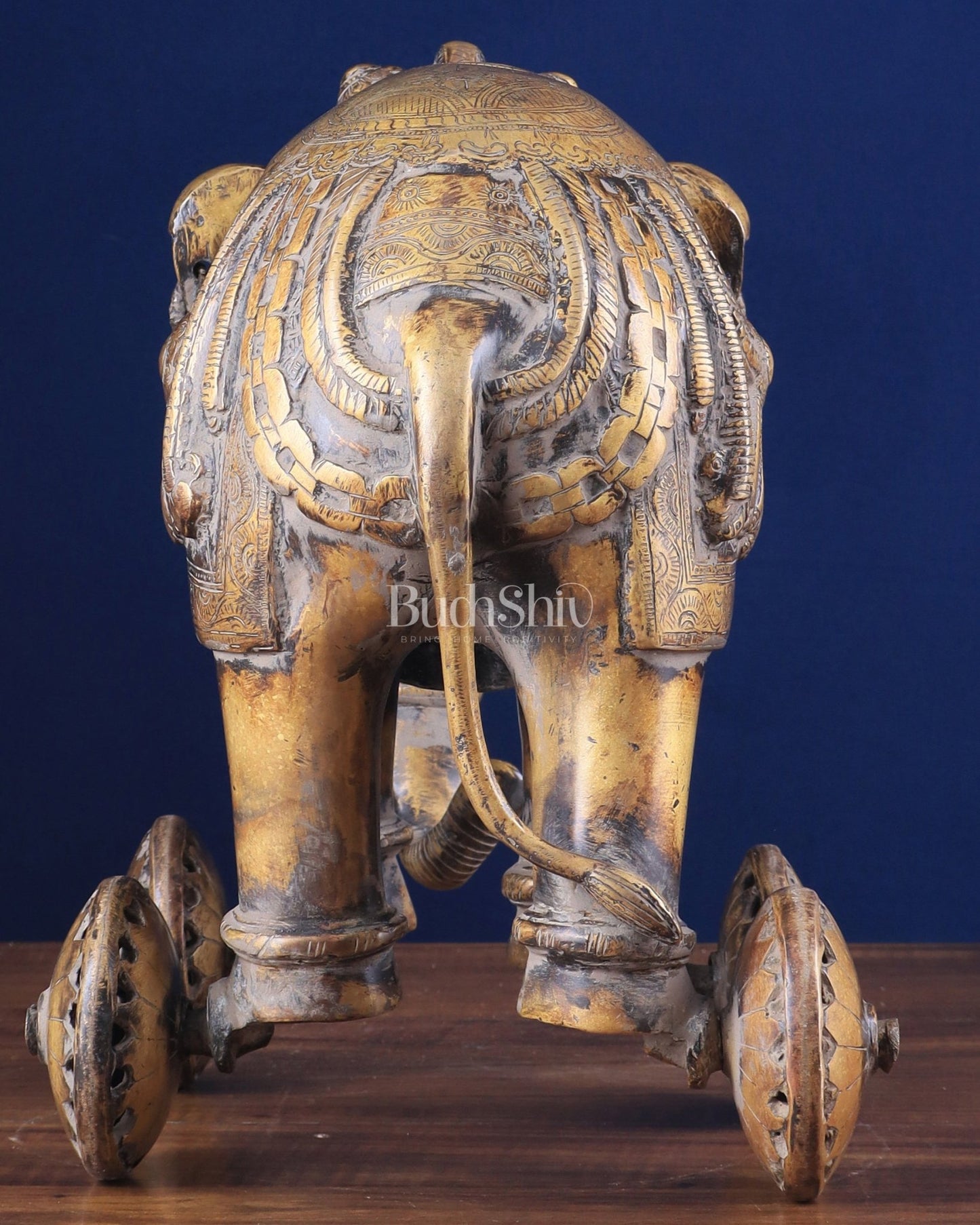 Vintage Brass Elephant Statue with Functional Wheels 13" - Budhshiv.com