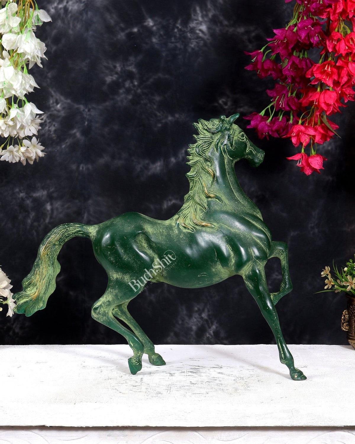 Vintage Brass Galloping Horse Feng Shui Approved Statue Green patina tone 16 inch - Budhshiv.com