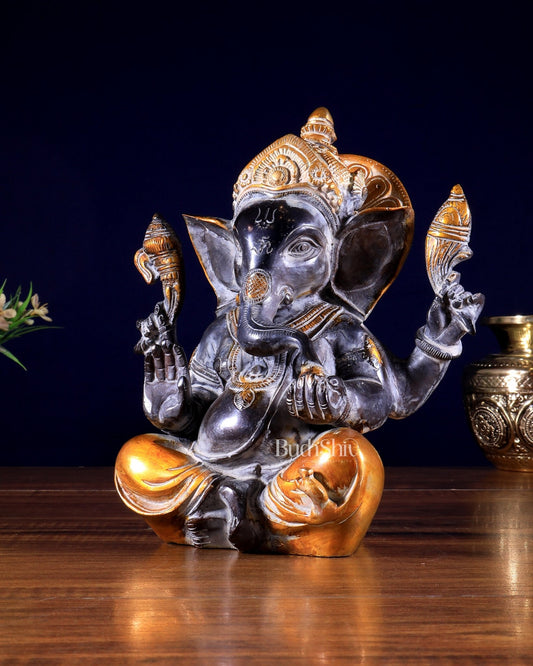 Vintage Brass Ganesha Idol with Sharp Features - 8 Inch - Budhshiv.com