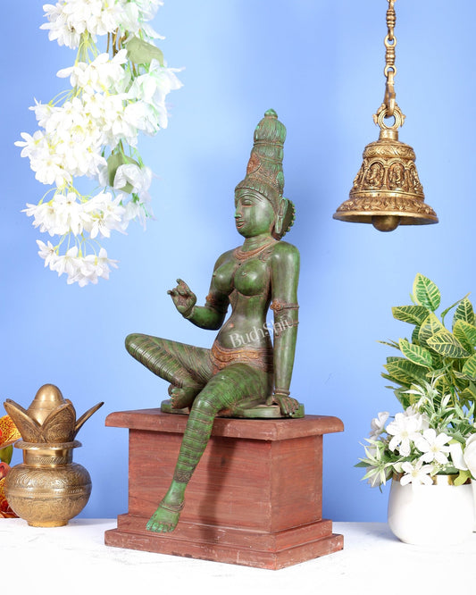 Vintage Brass Goddess Parvati Idol with Green Patina on Wooden Base 20 inch - Budhshiv.com