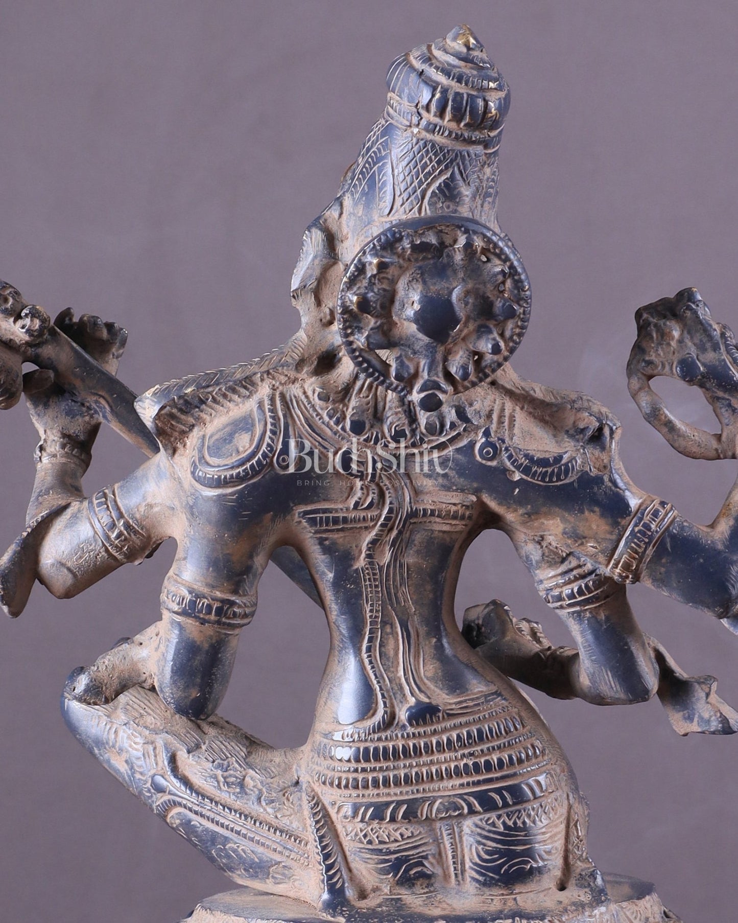 Vintage Brass Goddess Saraswati Statue - Sand Finish - 11" - Budhshiv.com