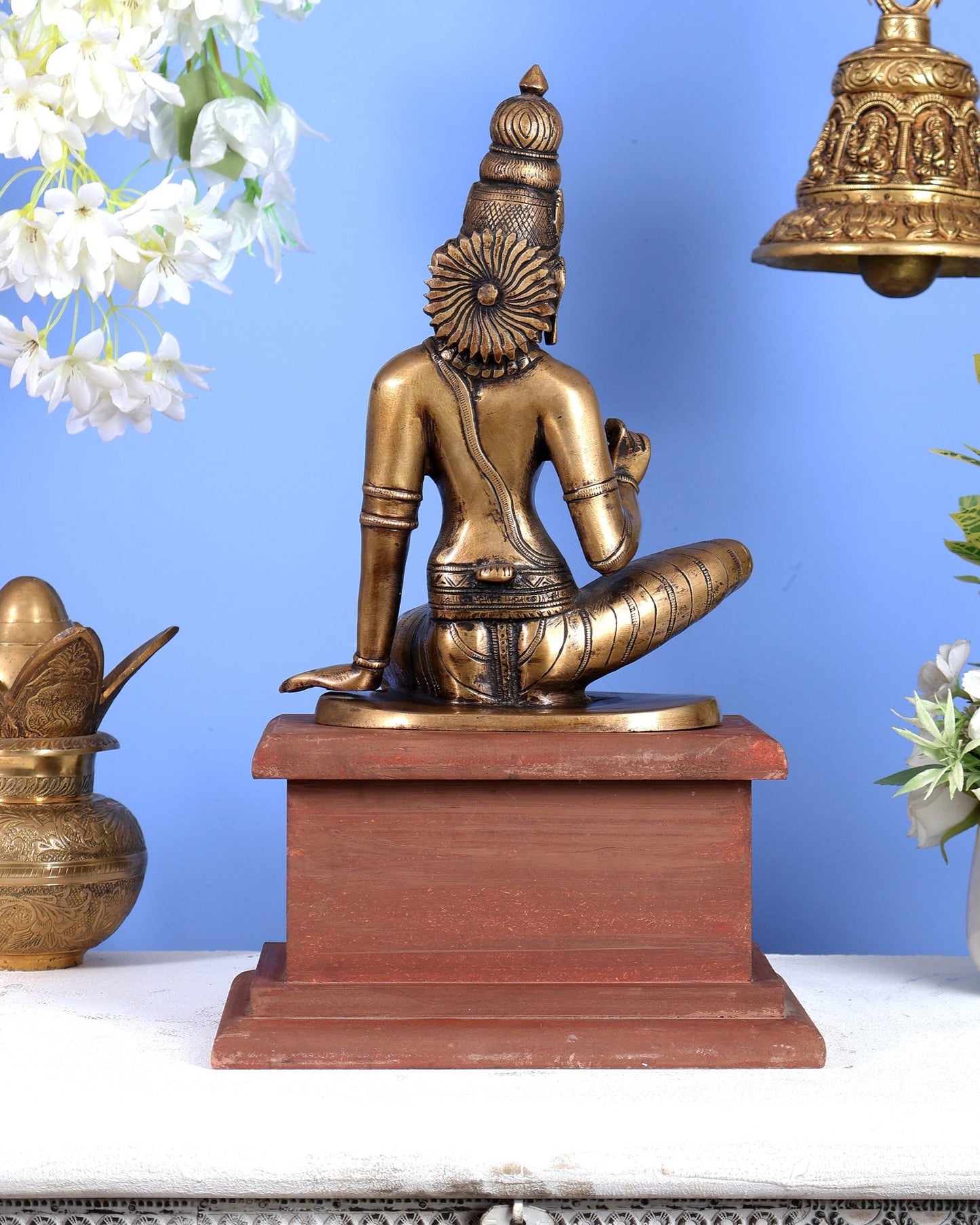 Vintage Brass Goddess Uma Parvati Bhoga Shakti on Rustic Wooden Base 15 inch - Budhshiv.com