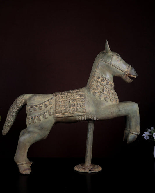 Vintage Brass Horse Artefact – Green Patina Finish | Museum Grade Collectible 25 inch - Budhshiv.com