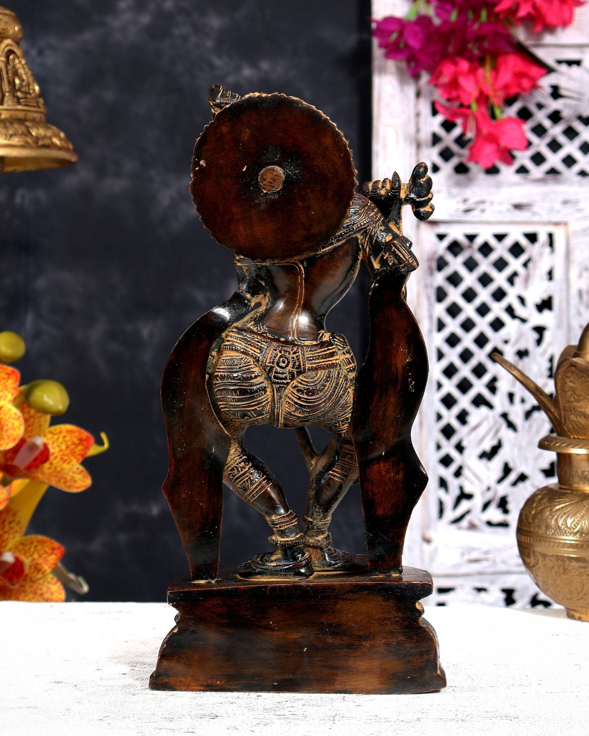 Vintage Brass Krishna Idol — Rustic Patina 11 inch - Budhshiv.com