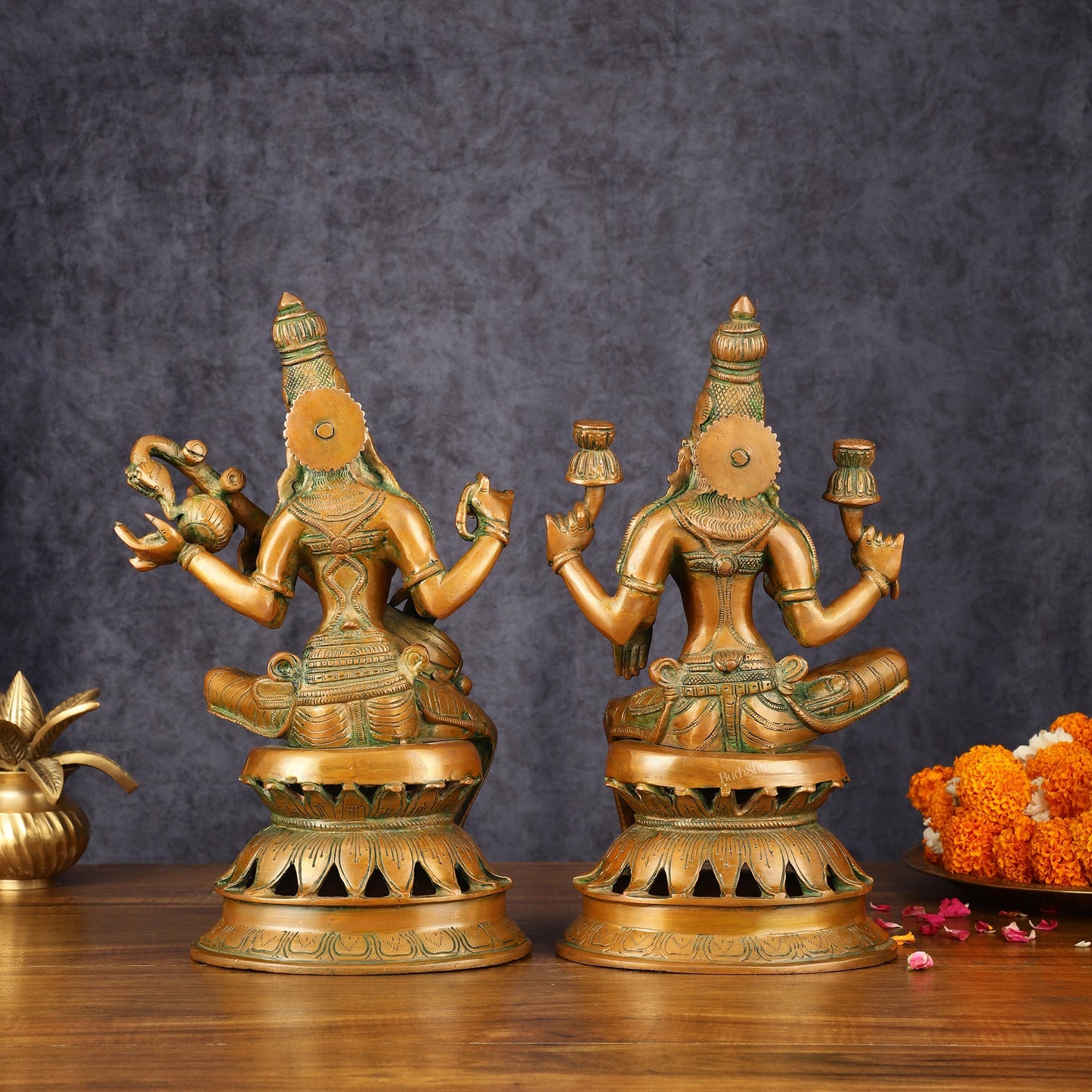 Vintage Brass Lakshmi and Saraswati Idol Pair - 12" Divine Sculpture - Budhshiv.com