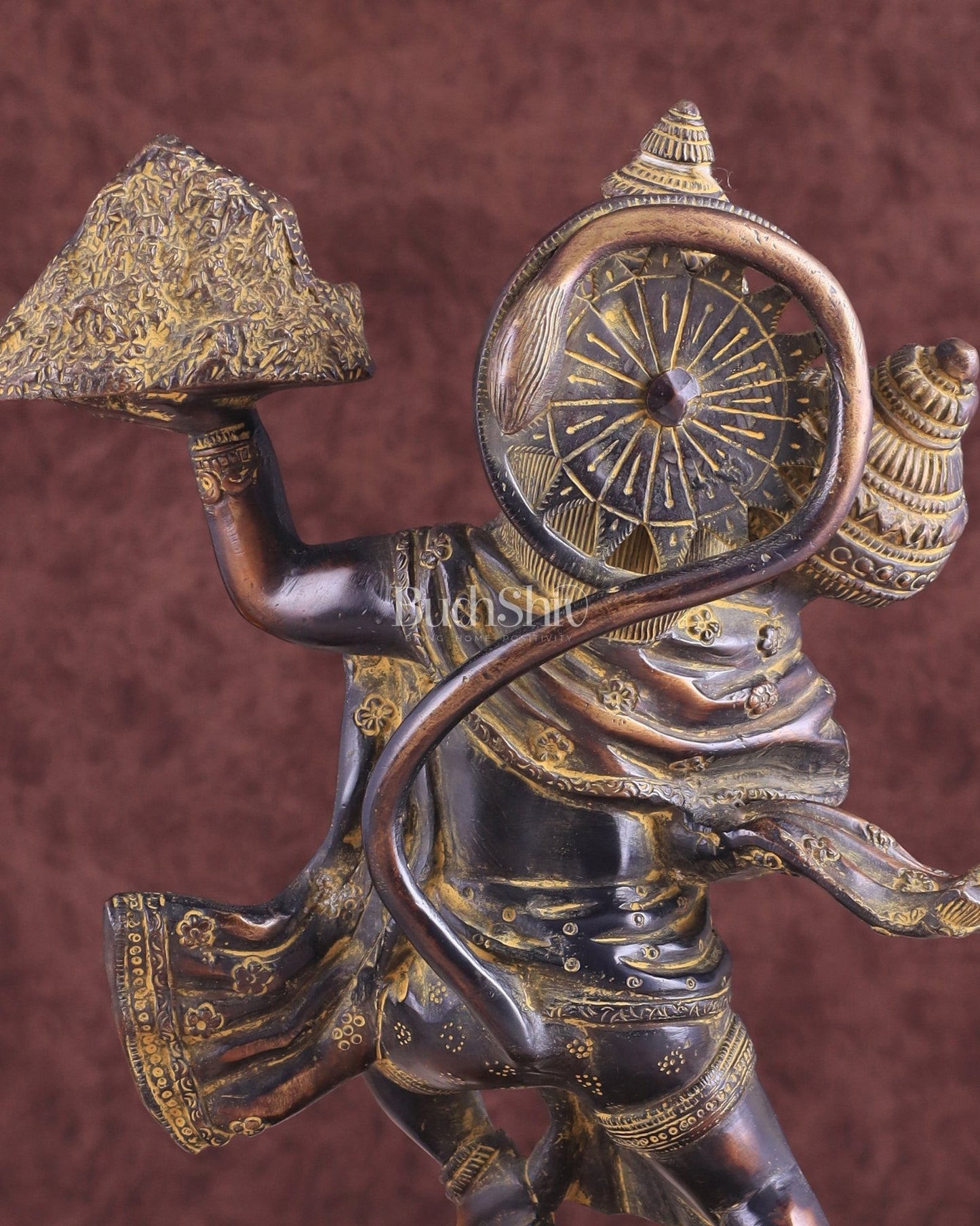 Vintage Brass Lord Hanuman Statue Carrying Sanjeevani Mountain 10.5" - Budhshiv.com