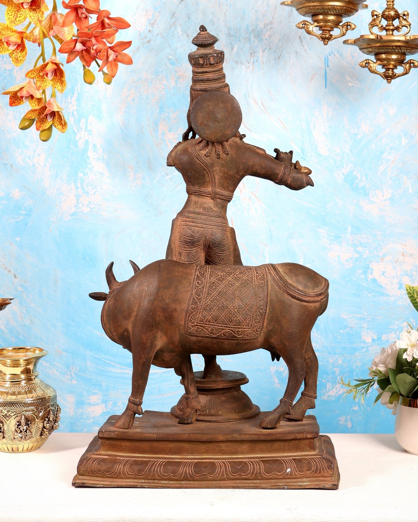 Vintage Brass Lord Krishna with Cow Statue – Large Rustic Patina Finish Sculpture (27 Inches) - Budhshiv.com