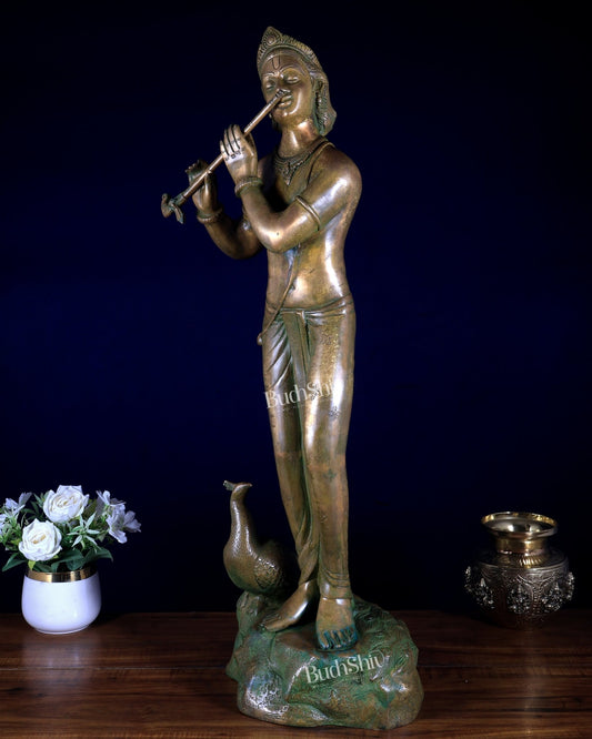 Vintage Brass Lord Krishna with peacock simple and sleek Idol 29 inch - Budhshiv.com
