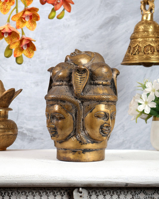 Vintage Brass Lord Shiva Four - Faced Mukhalingam with ganga 9 inch - Budhshiv.com