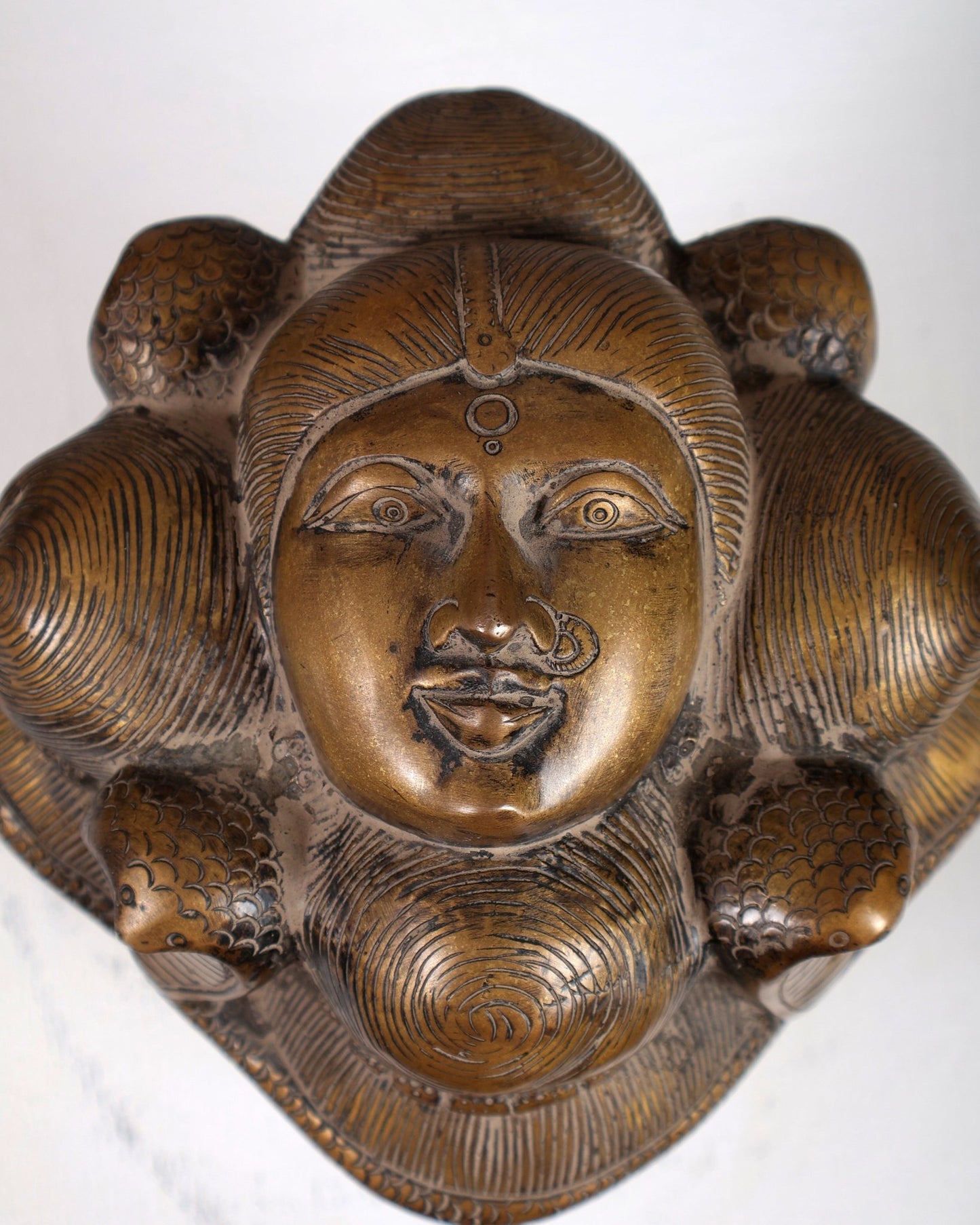 Vintage Brass Lord Shiva Four - Faced Mukhalingam with ganga 9 inch - Budhshiv.com