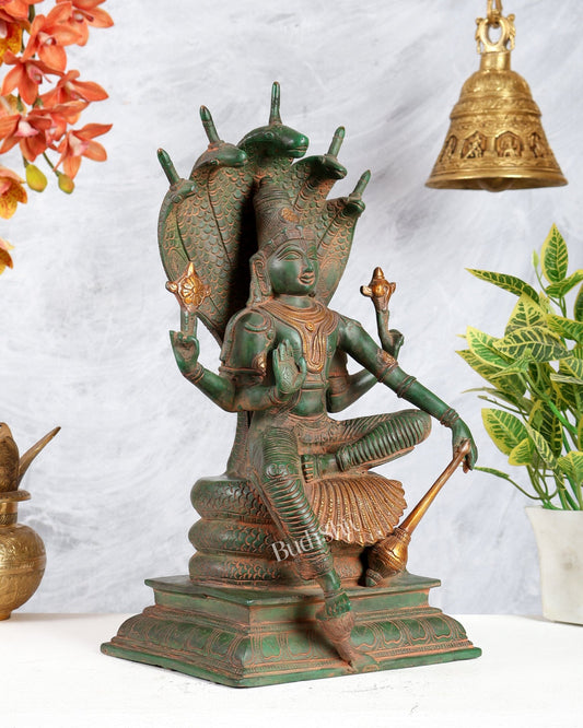 Vintage Brass Lord Vishnu statue Sitting Under Shesha naga | 11 Inch - Budhshiv.com