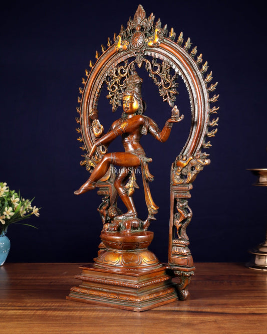 Vintage Brass Nataraja Dancing Shiva Sculpture - 18" Height Chola tone - Budhshiv.com