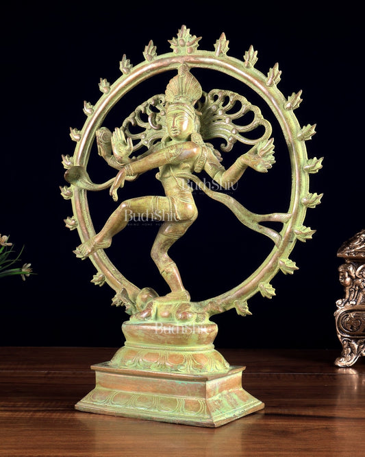 Vintage Brass Nataraja Statue with Green Sand Finish 13 inch - Budhshiv.com