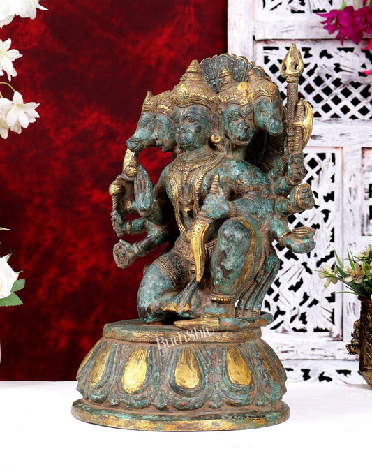 Vintage Brass Panchmukhi Hanuman Statue — Rustic Patina Tone 13 inch - Budhshiv.com