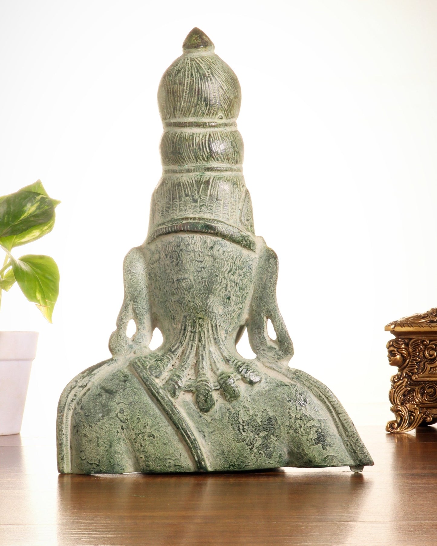 Vintage Brass Parvati Face Statue – Uma Bust in Green Sand Patina 10.5" - Budhshiv.com