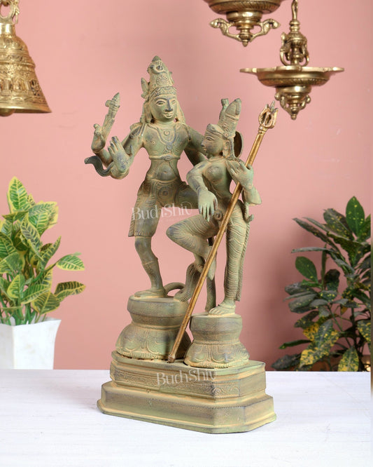 Vintage Brass Shiva Parvati Dancing Idols - 12.5" Thick Green patina - Budhshiv.com