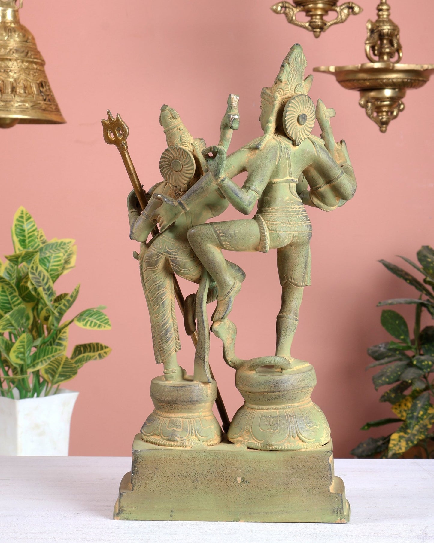 Vintage Brass Shiva Parvati Dancing Idols - 12.5" Thick Green patina - Budhshiv.com