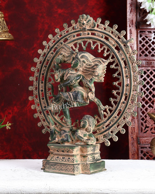 Vintage Brass Superfine Nataraja Statue with Beautiful Dreadlocks - 17" vintage green patina - Budhshiv.com