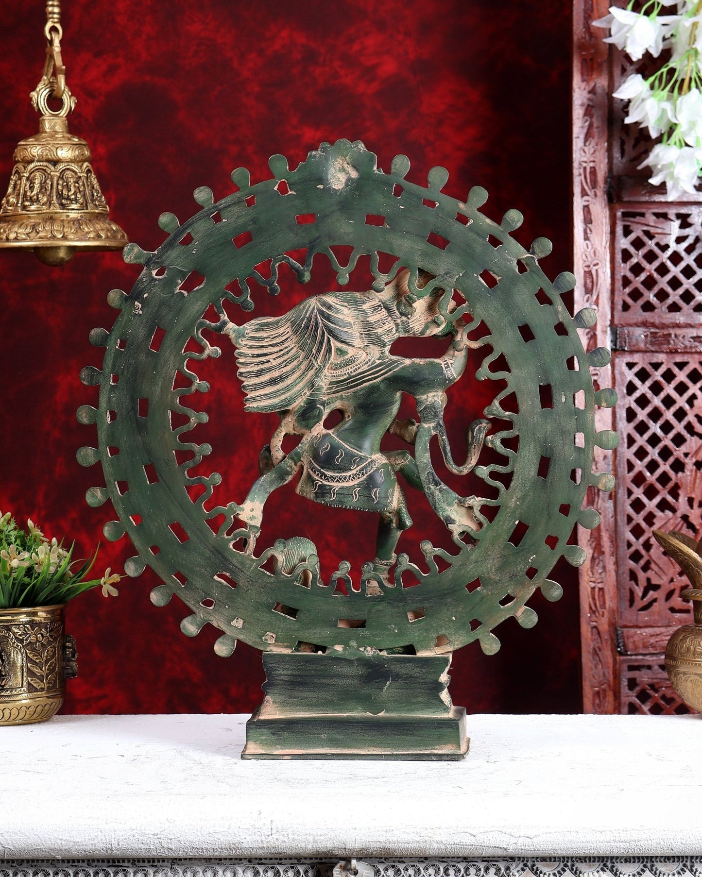 Vintage Brass Superfine Nataraja Statue with Beautiful Dreadlocks - 17" vintage green patina - Budhshiv.com