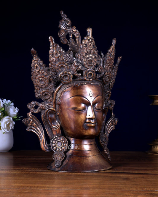 Vintage Brass Tibetan Goddess Face Head Statue with Crown - Budhshiv.com