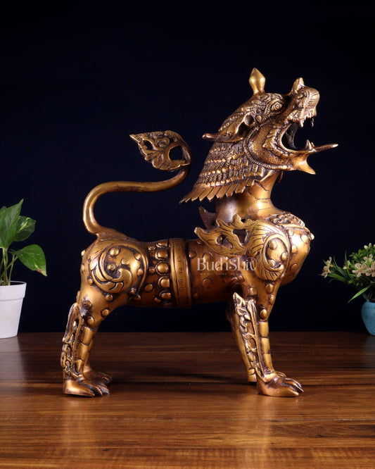 Vintage Brass Tibetan Snow Lion Statue 14.5 inch - Budhshiv.com