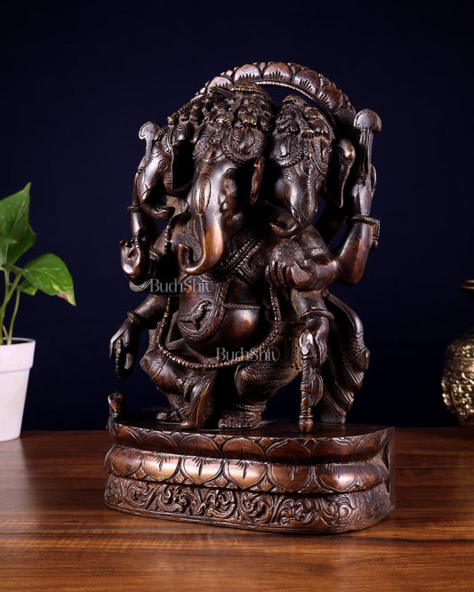 Vintage Brass Trimukha dancing Ganapati Sculpture | Three - Faced Lord Ganesha | 12" - Budhshiv.com