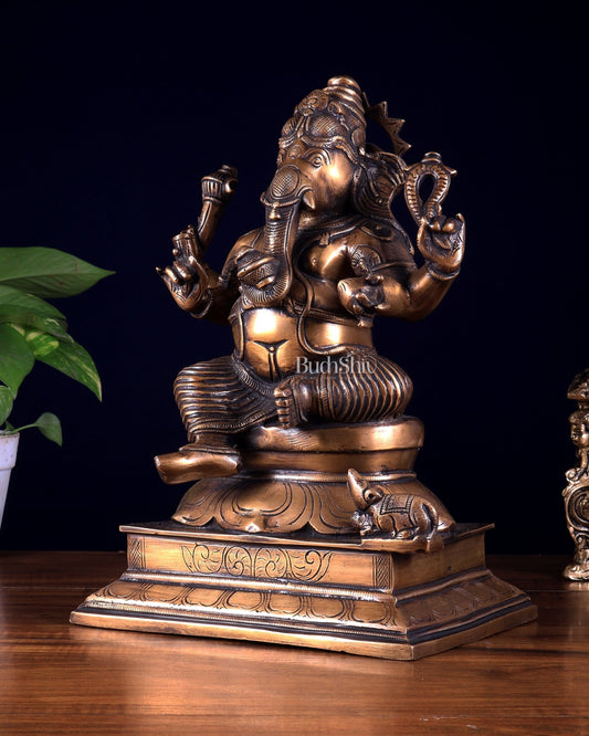 Vintage Brass Valampuri Ganesha Idol – Right Trunk Ganapati 12.8 inch - Budhshiv.com