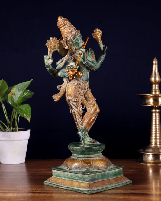 Vintage Brass Vishnu as Lord Krishna Statue - Green Sand Finish 14.5" - Budhshiv.com