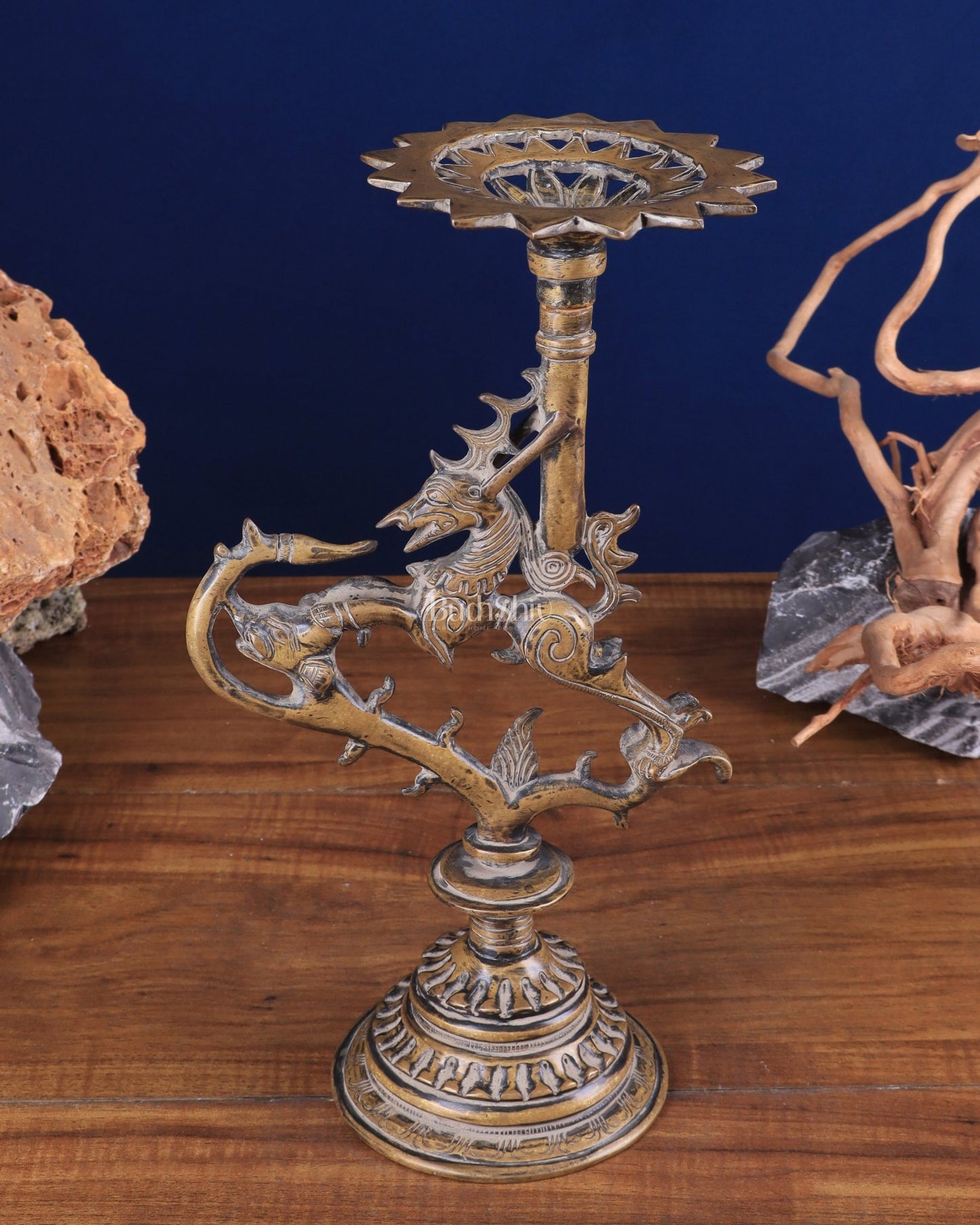 Vintage Brass Yali Candle Holder 9" - Budhshiv.com