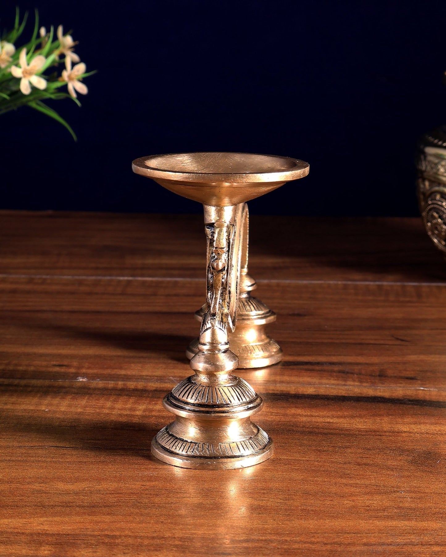 Vintage Brass Yali Design Aarti Diya with Handle - Budhshiv.com