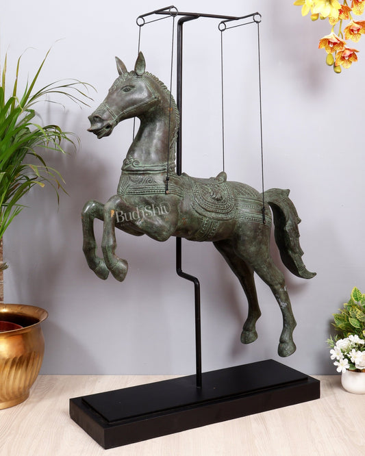 Vintage Bronze Hanging Horse Decor Artefact – Balinese Lost Wax Casting (On Stand) 44.5 inch - Budhshiv.com