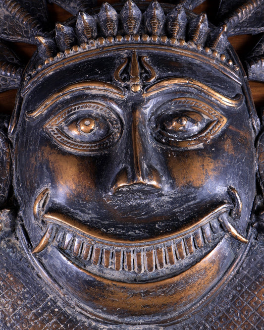 Vintage Bronze Kaal Bhairav Face Mask | Bhuta Wall Hanging 21 inch - Budhshiv.com