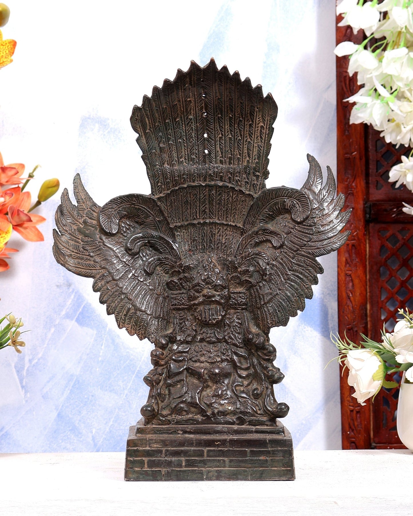 Vintage Indonesian Bronze Lord Vishnu Seated on Garuda Vahana Sculpture 13" Antique bronze tone - Budhshiv.com