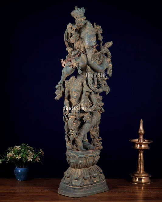Vintage Krishna Brass Statue – Green Sand Patina Finish 30 inch - Budhshiv.com