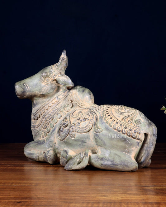 Vintage Pure Brass Nandi Statue – Sand Patina Finish | 13 inch - Budhshiv.com