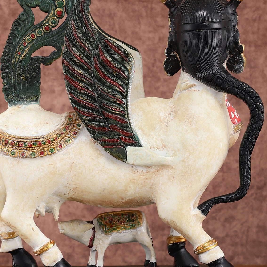 Vintage Rajasthani hand painted Brass Kamdhenu Cow with calf Statue | 16.5" - Budhshiv.com
