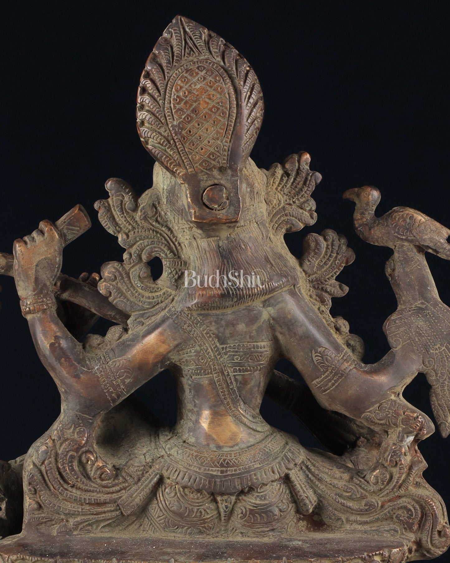Vintage Saraswati brass idol 11 inches green algae tone - Budhshiv.com