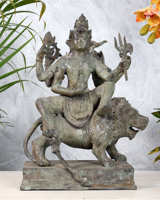 Vintage Shiva Seated on Lion Balinese Bronze Sculpture – Meditative Mahadev Artefact 15" - Budhshiv.com