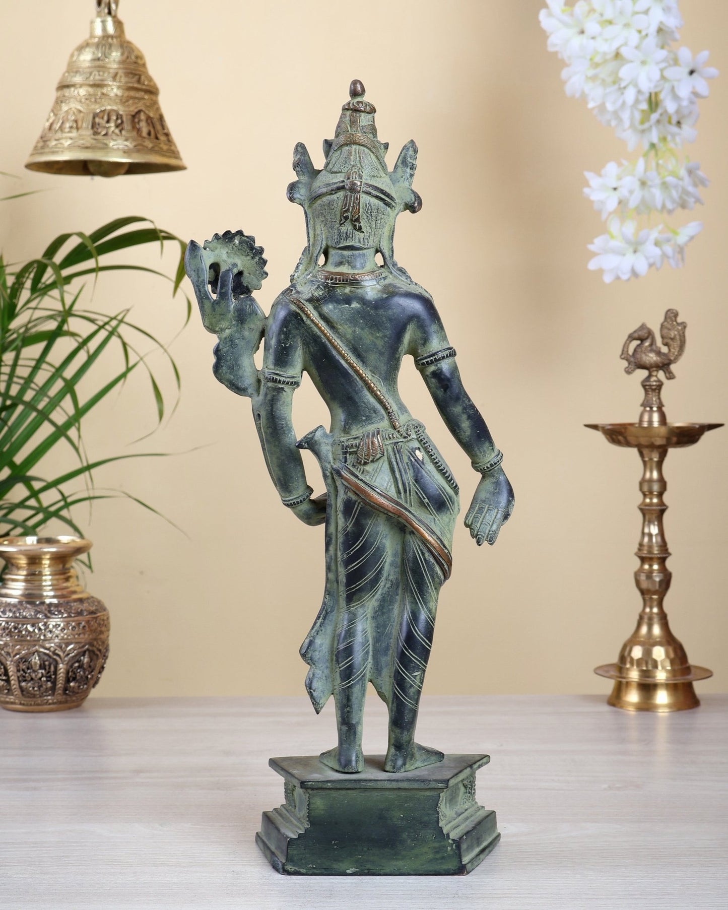 Vintage Standing Tara Idol – Green Patina Finish Sacred Bronze Style Sculpture 16 inch - Budhshiv.com