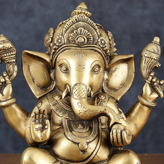 Vintage Taj Ganesha Statue - Handcrafted Brass 9" Height - Budhshiv.com