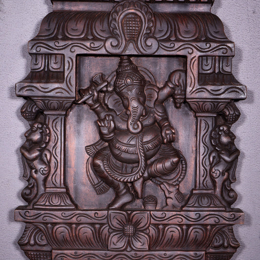 Wooden Dancing Ganesha Wall Hanging Panel – Handcrafted 23.6" - Budhshiv.com