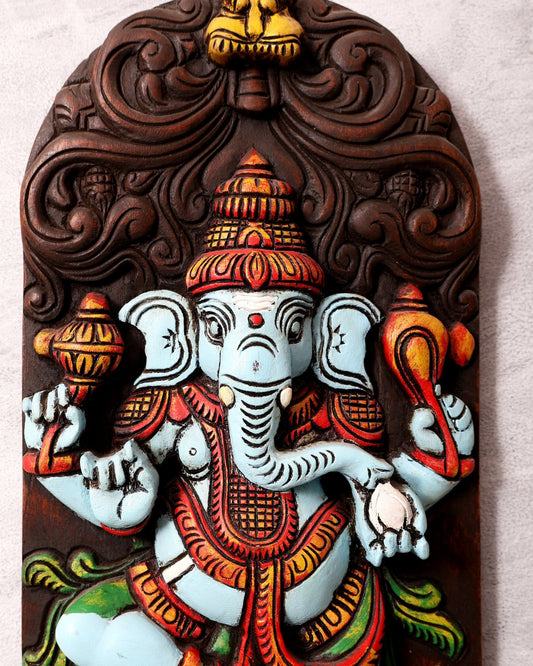 Wooden Ganesha Dancing on Lotus Motif – Vertical Wall Hanging Panel - Budhshiv.com