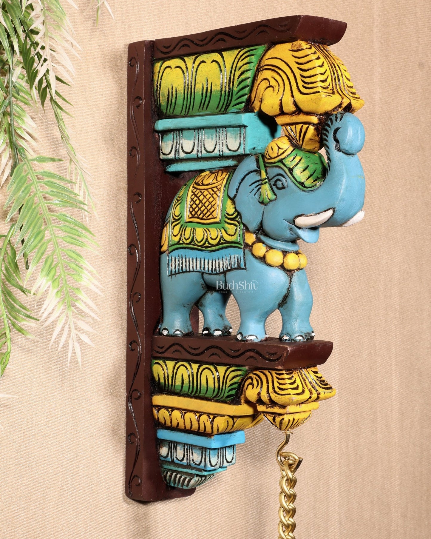 Wooden Hand - Painted Blue Elephant Wall Hanging Bracket – 12" - Budhshiv.com