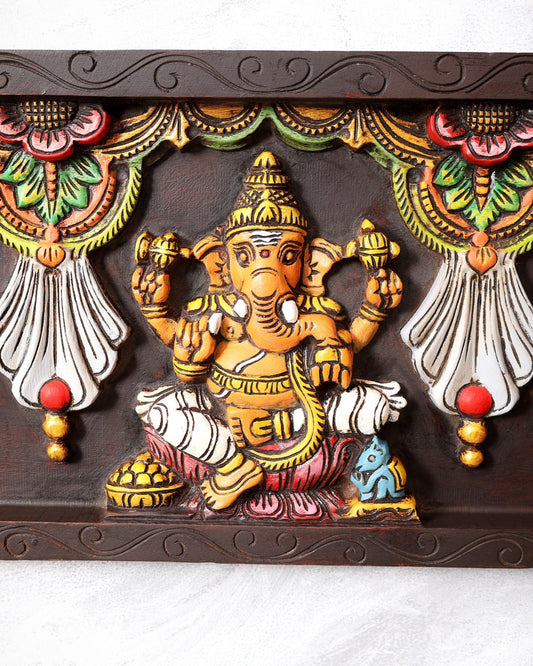 Wooden Horizontal Ganesh Lakshmi Saraswati Wall Hanging β Hand - Painted Panel 24 inch - Budhshiv.com