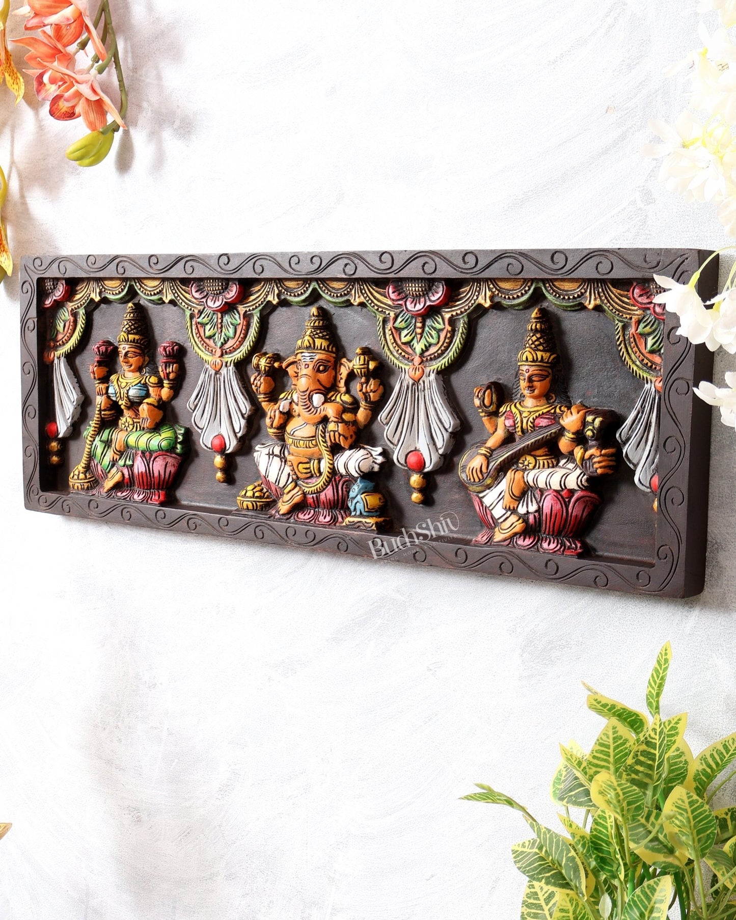 Wooden Horizontal Ganesh Lakshmi Saraswati Wall Hanging – Hand - Painted Panel 24 inch - Budhshiv.com
