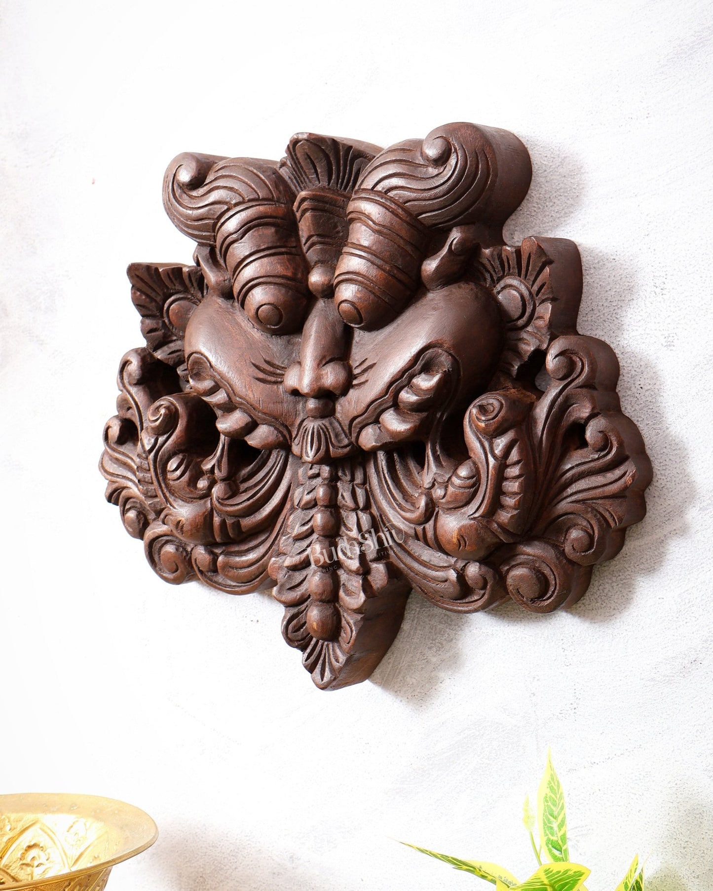 Wooden Kirtimukha Yali Wall Hanging Nazarbattu 12" Handcrafted Protection Charm - Budhshiv.com