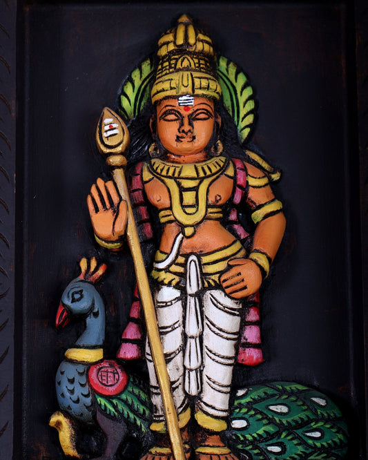 Wooden Lord Murugan with Peacock Wall Hanging – Hand - Painted Panel 13 inch - Budhshiv.com