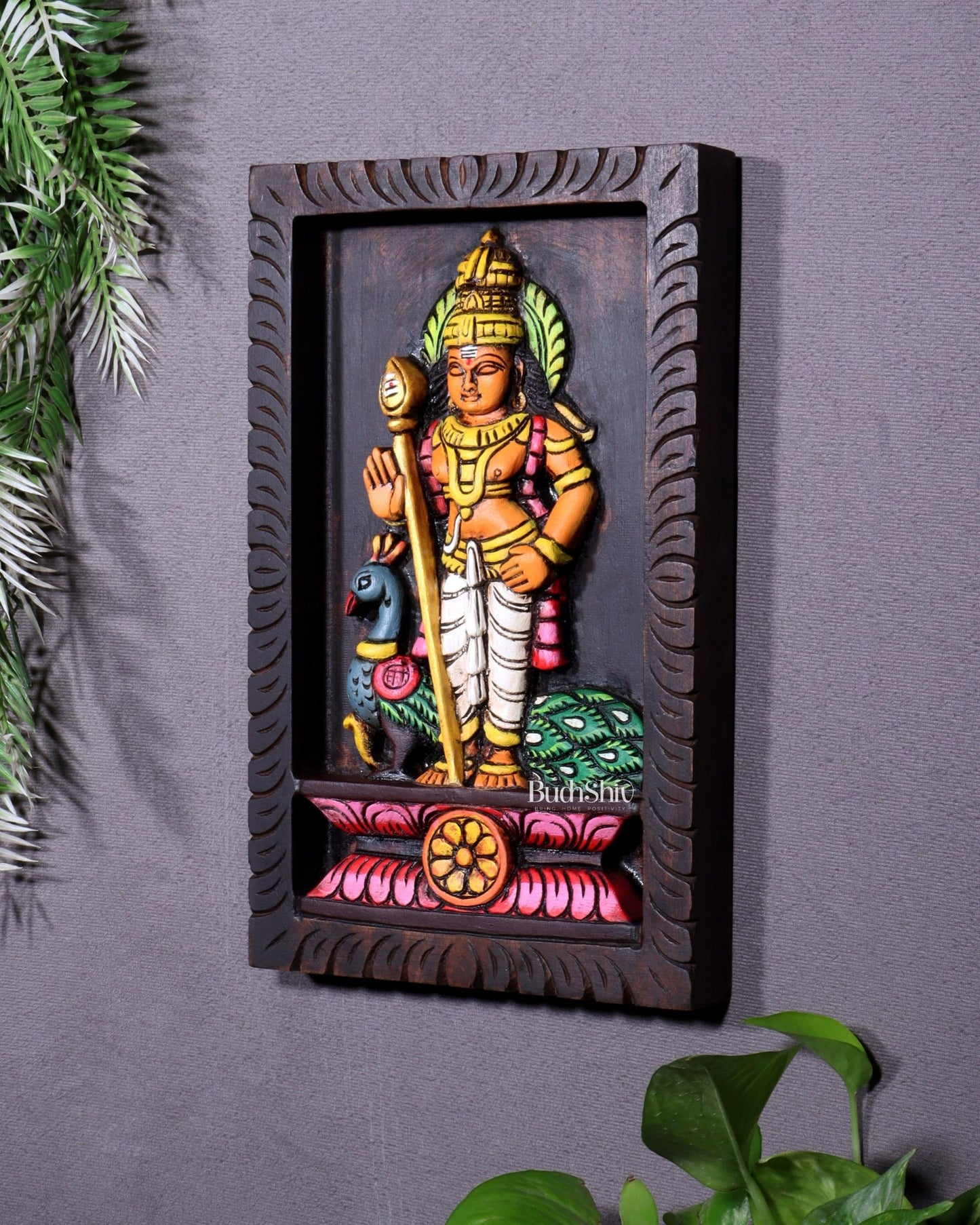 Wooden Standing Lord Murugan with Peacock Wall Hanging – Hand - Painted Panel 13 inch - Budhshiv.com